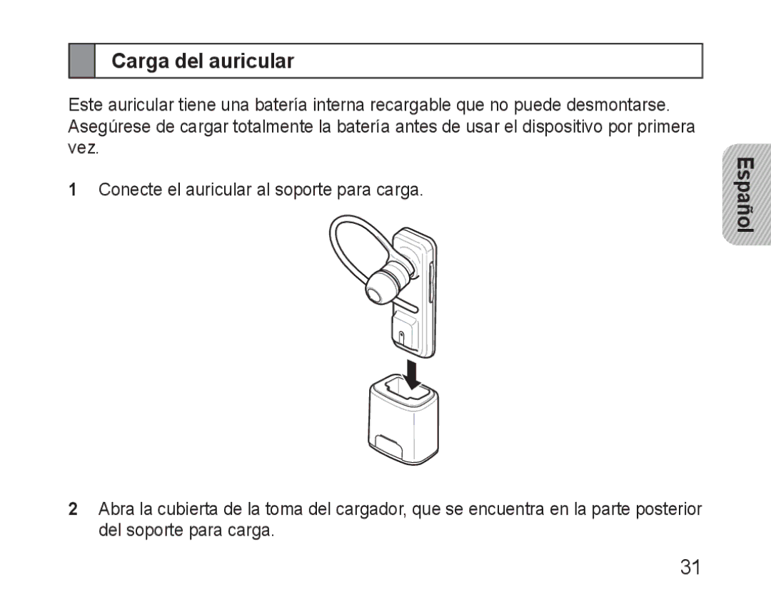 Samsung BHM3100EBECXEH, BHM3100EBECXEF, BHM3100EBECXET, BHM3100EBECXEV, BHM3100EBECHAT manual Carga del auricular, Español 