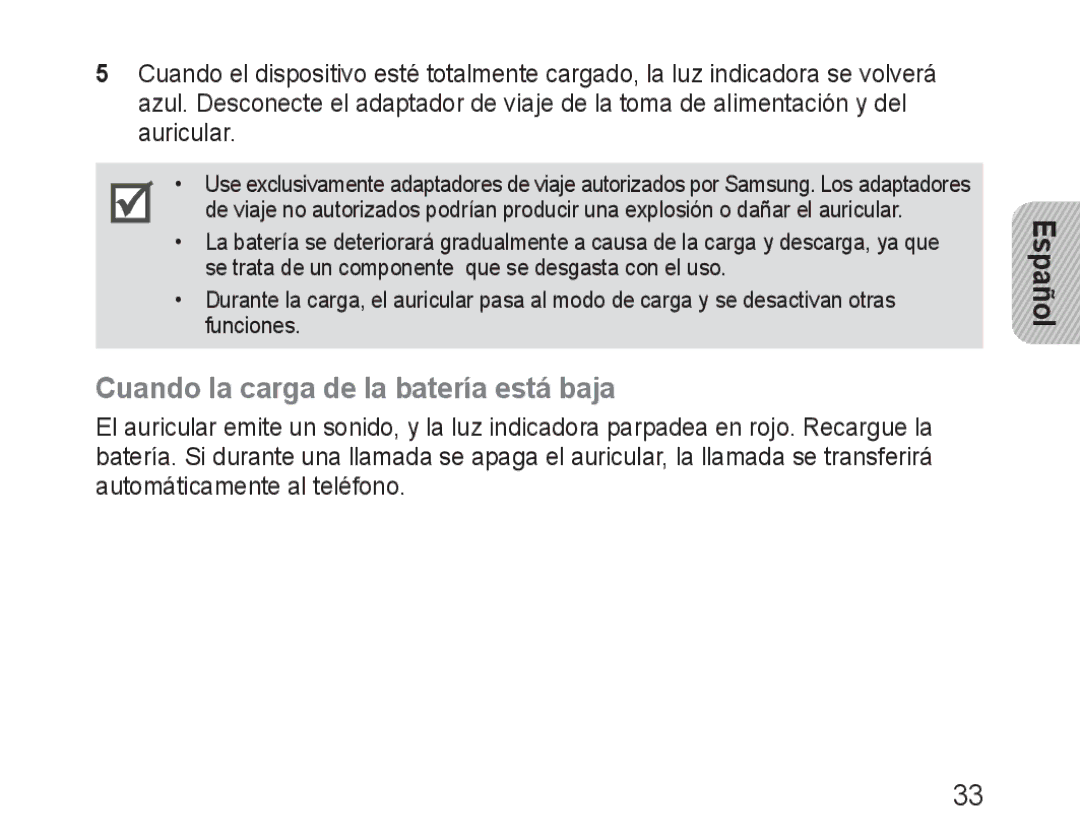 Samsung BHM3100EBECXEF, BHM3100EBECXET, BHM3100EBECXEV, BHM3100EBECXEH manual Cuando la carga de la batería está baja 