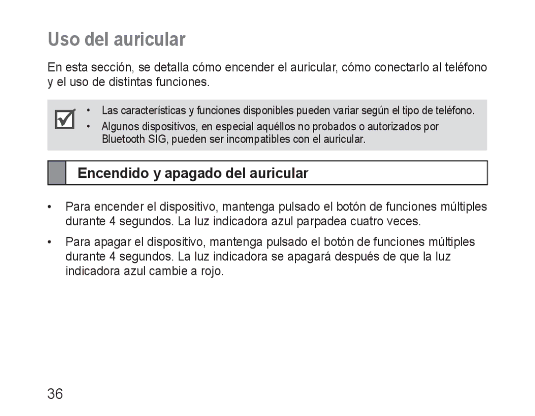 Samsung BHM3100EBECXEH, BHM3100EBECXEF, BHM3100EBECXET, BHM3100EBECXEV Uso del auricular, Encendido y apagado del auricular 