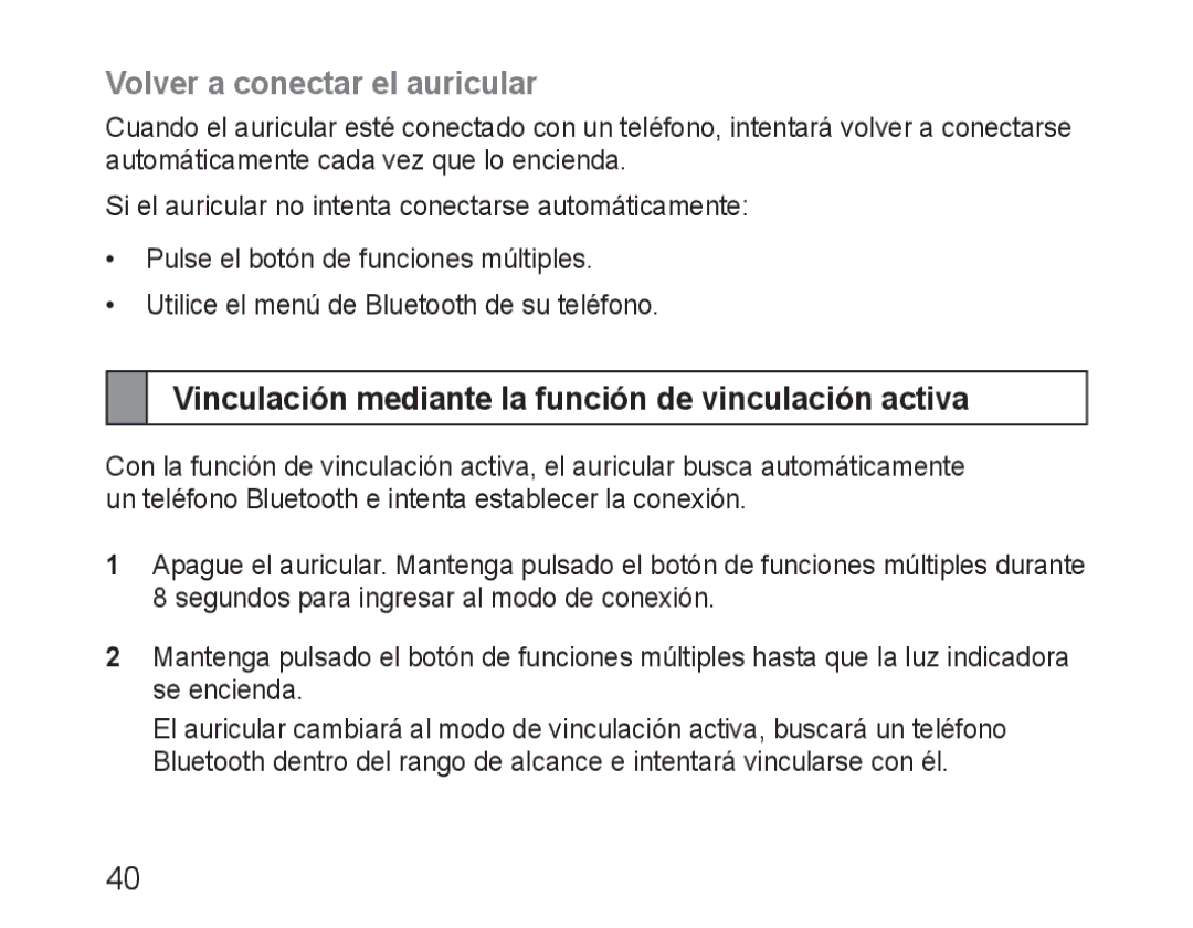 Samsung BHM3100EBECXEV manual Volver a conectar el auricular, Vinculación mediante la función de vinculación activa 