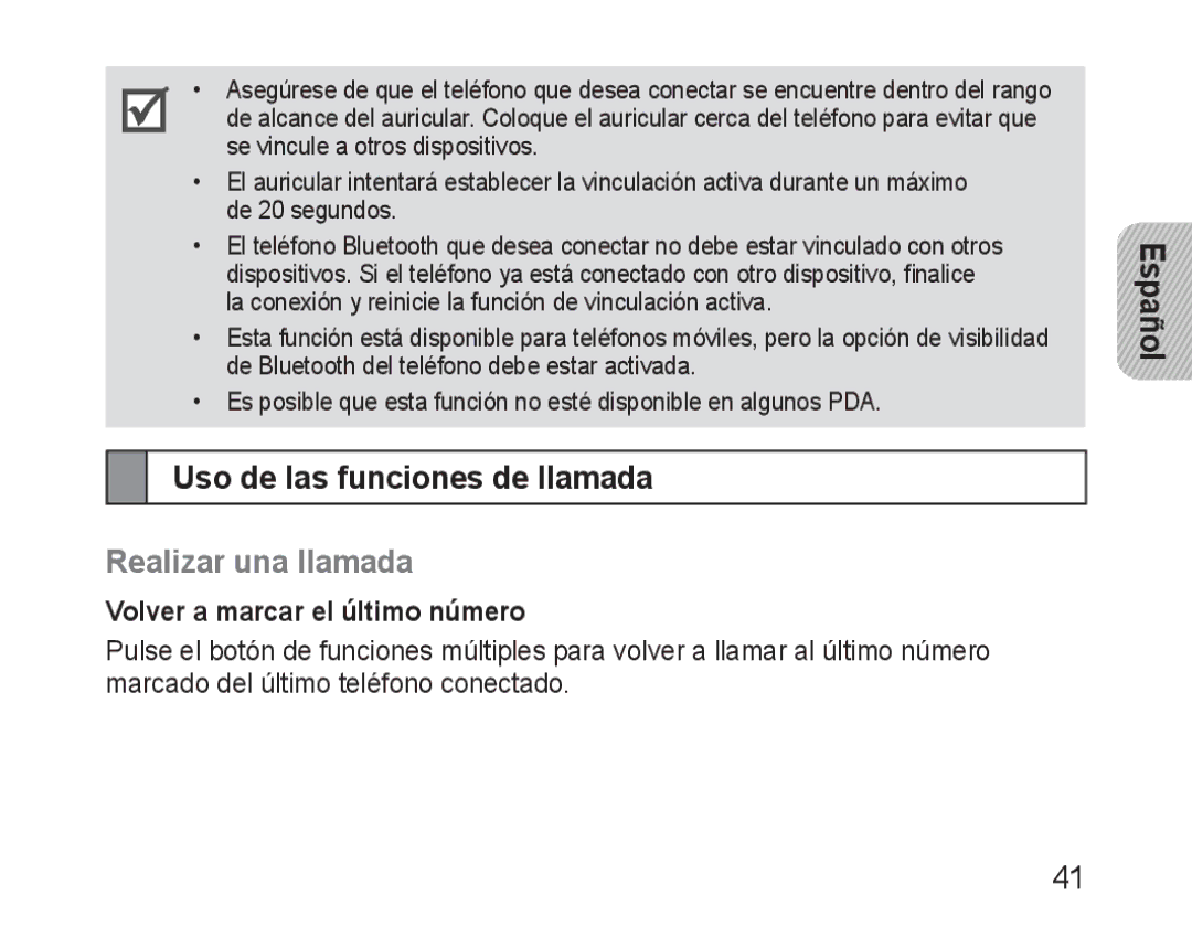 Samsung BHM3100EBECXEH manual Uso de las funciones de llamada, Realizar una llamada, Volver a marcar el último número 