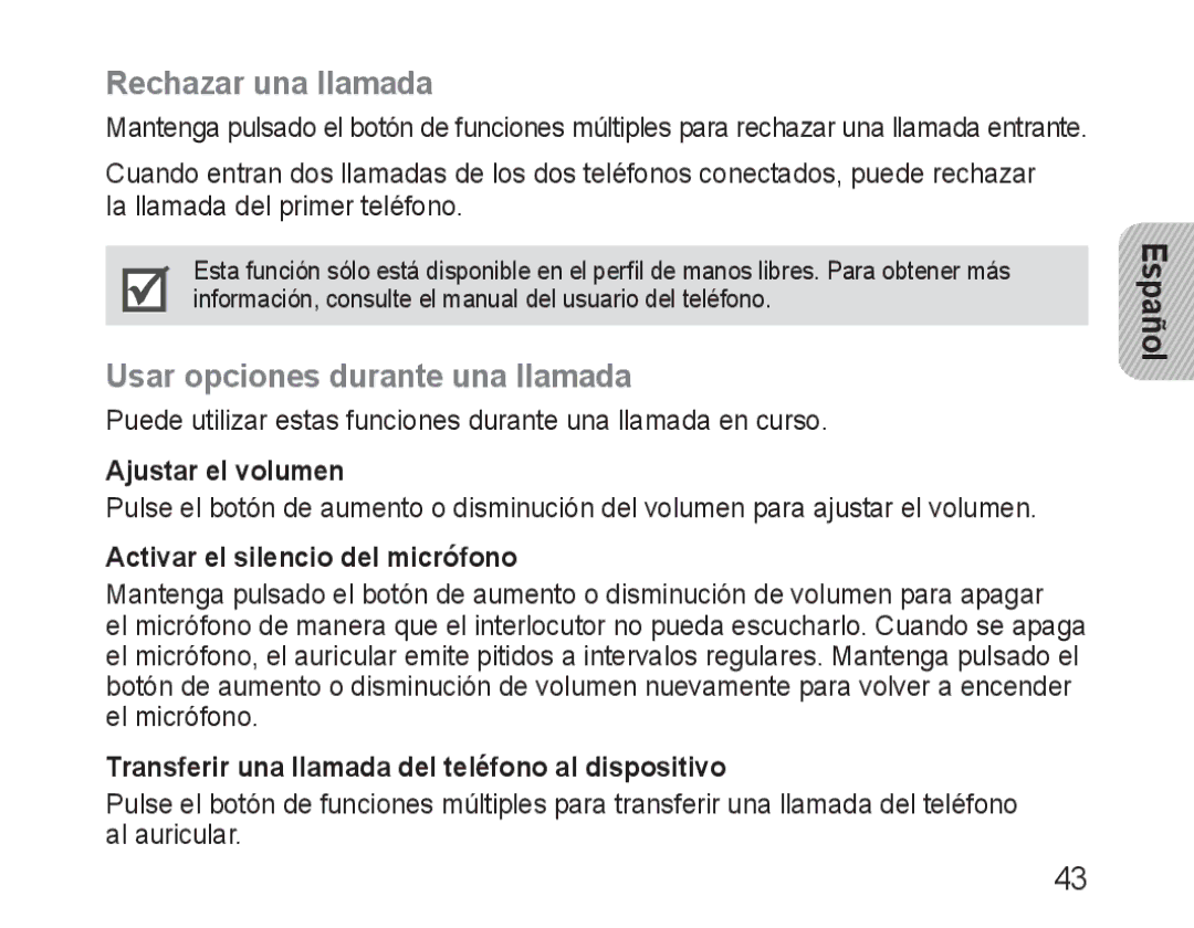 Samsung BHM3100EBECXEF, BHM3100EBECXET manual Rechazar una llamada, Usar opciones durante una llamada, Ajustar el volumen 