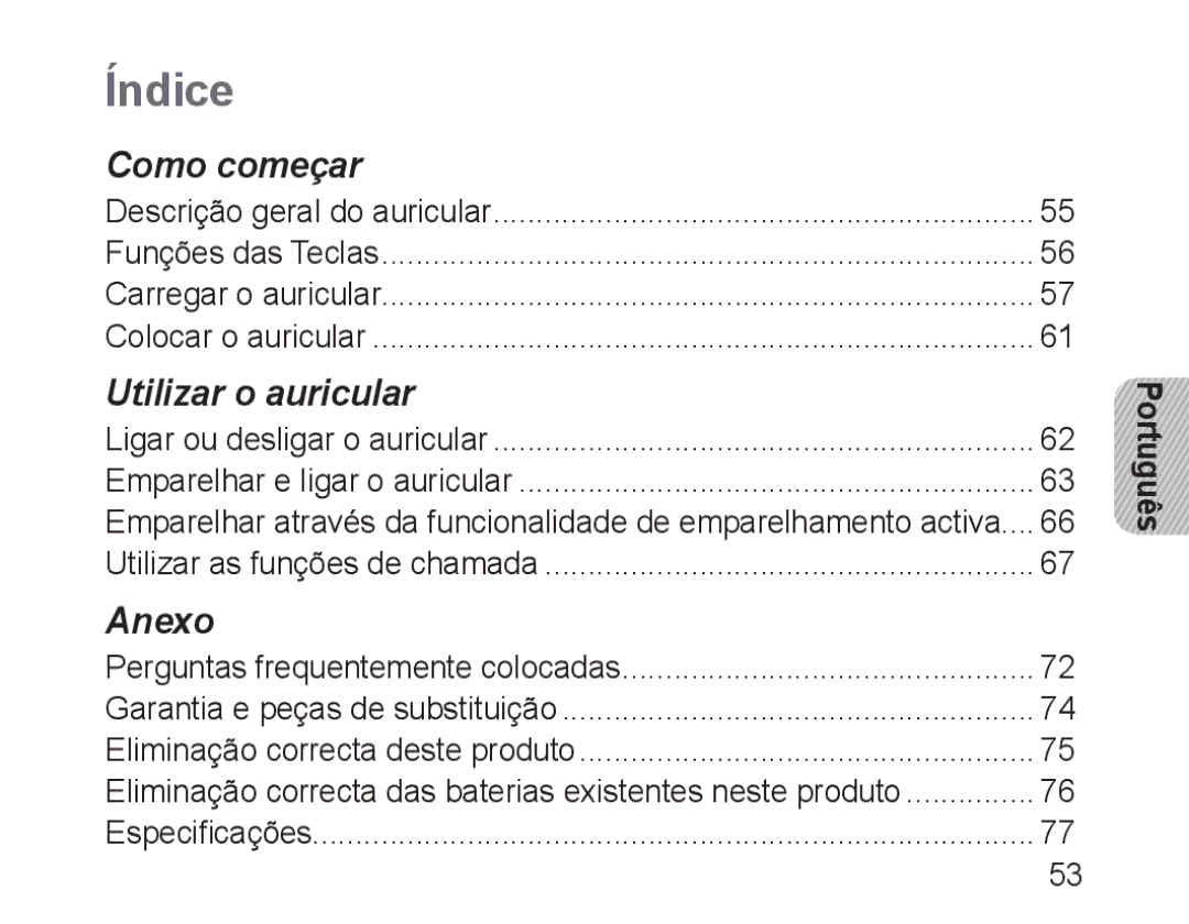 Samsung BHM3100EBECXEF, BHM3100EBECXET, BHM3100EBECXEV, BHM3100EBECXEH, BHM3100EBECHAT manual Índice, Português 