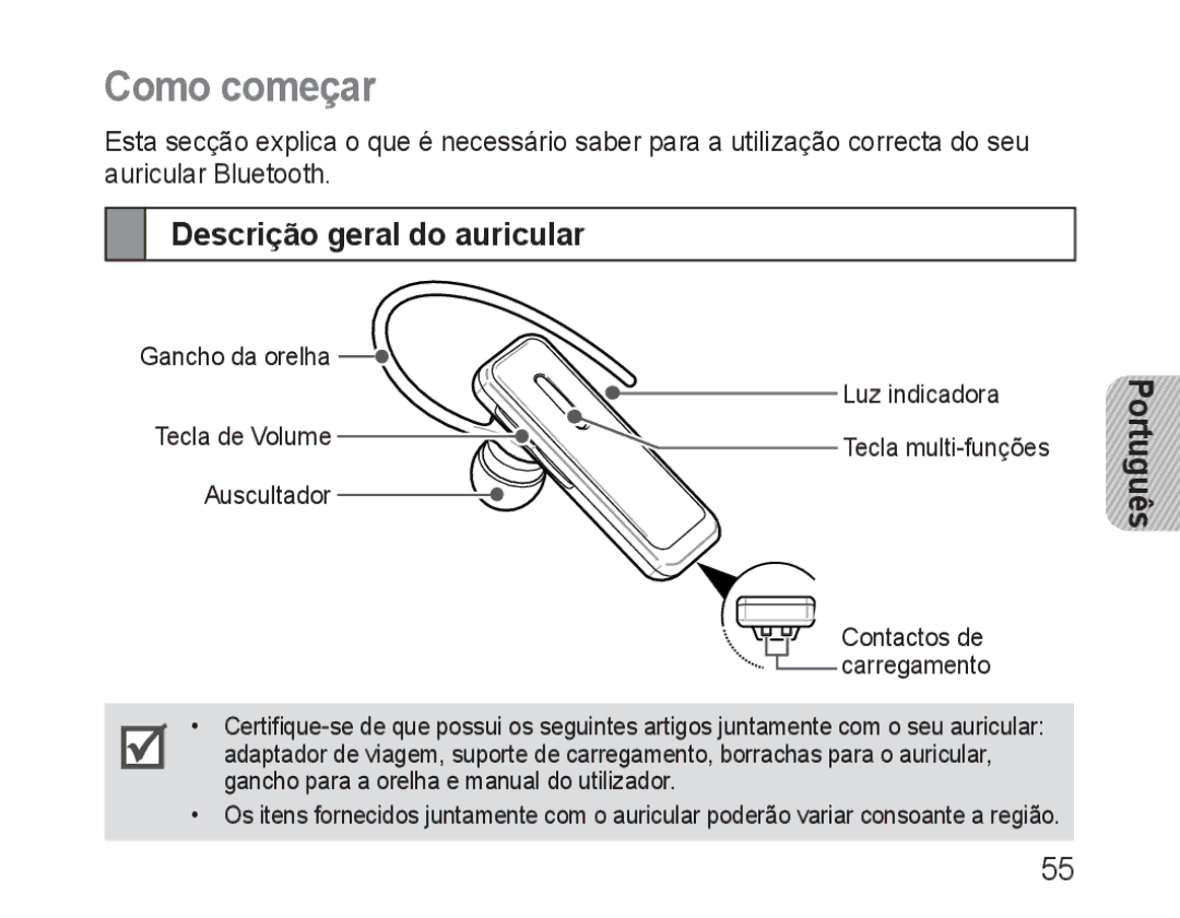 Samsung BHM3100EBECXEV, BHM3100EBECXEF, BHM3100EBECXET, BHM3100EBECXEH manual Como começar, Descrição geral do auricular 