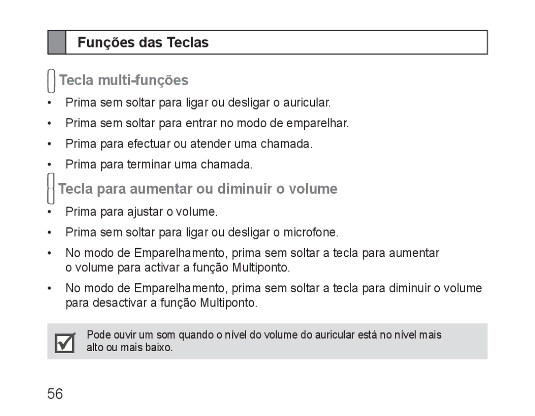 Samsung BHM3100EBECXEH, BHM3100EBECXEF Funções das Teclas, Tecla multi-funções, Tecla para aumentar ou diminuir o volume 