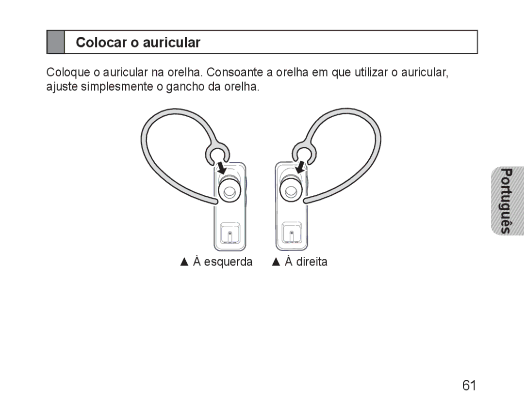 Samsung BHM3100EBECXEH, BHM3100EBECXEF, BHM3100EBECXET, BHM3100EBECXEV, BHM3100EBECHAT manual Colocar o auricular, Português 