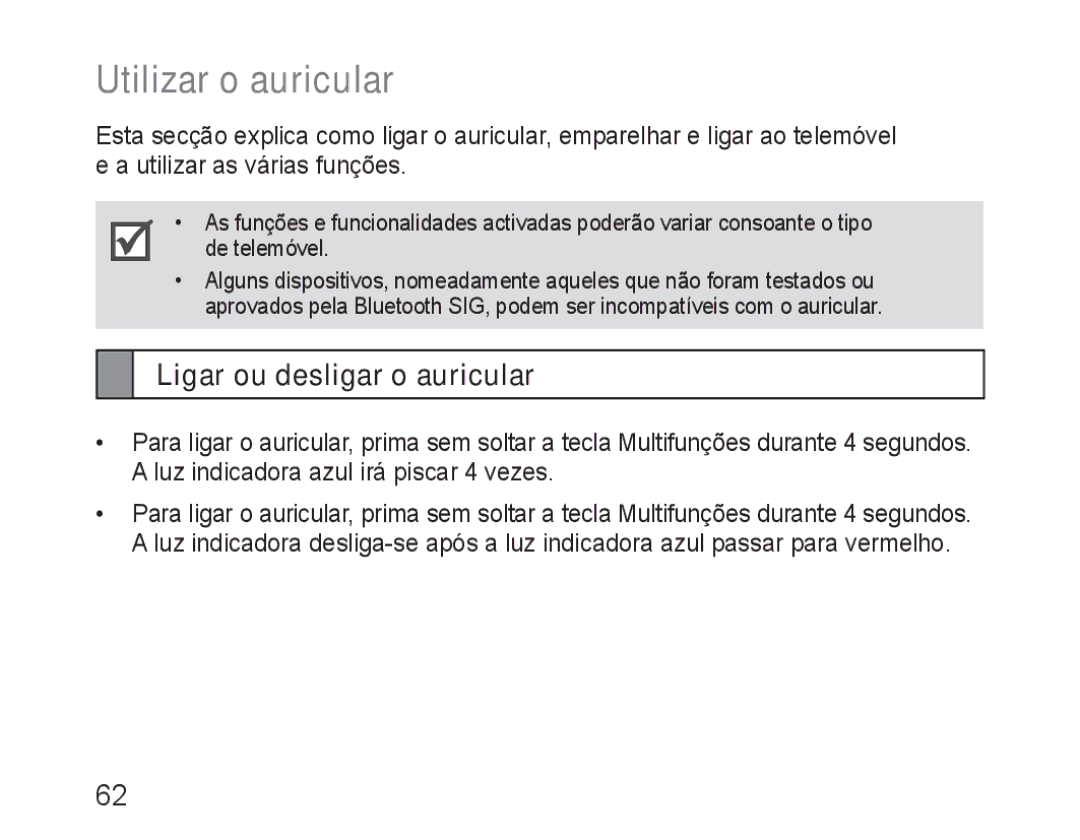 Samsung BHM3100EBECHAT, BHM3100EBECXEF, BHM3100EBECXET, BHM3100EBECXEV Utilizar o auricular, Ligar ou desligar o auricular 