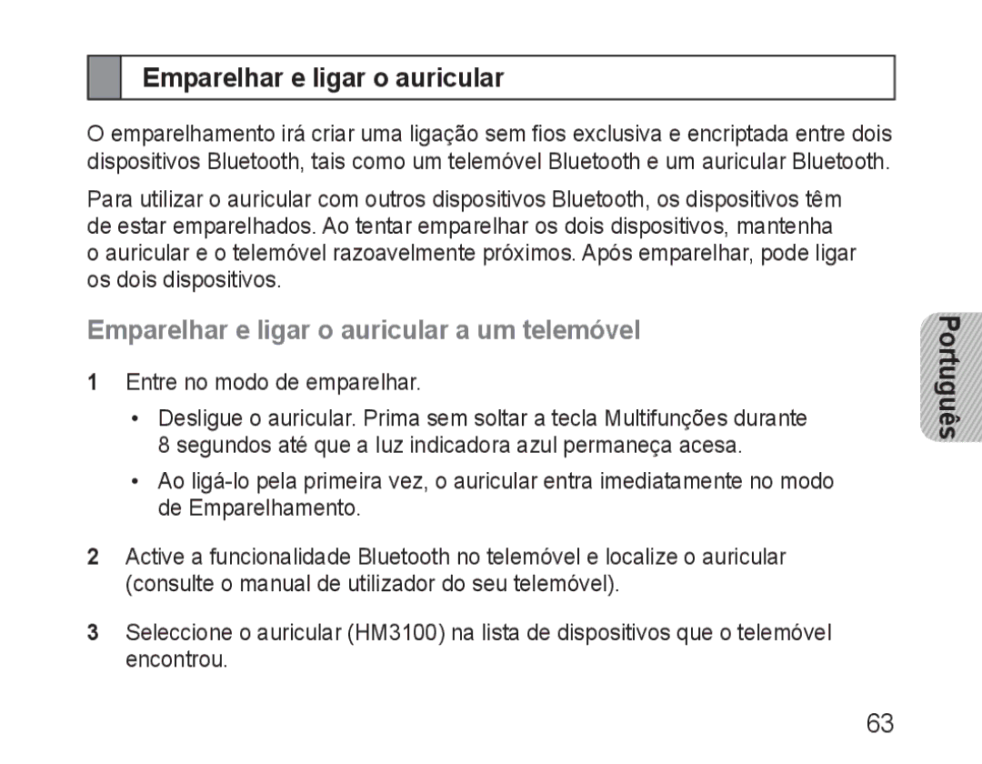 Samsung BHM3100EBECXEF, BHM3100EBECXET, BHM3100EBECXEV, BHM3100EBECXEH Emparelhar e ligar o auricular a um telemóvel 