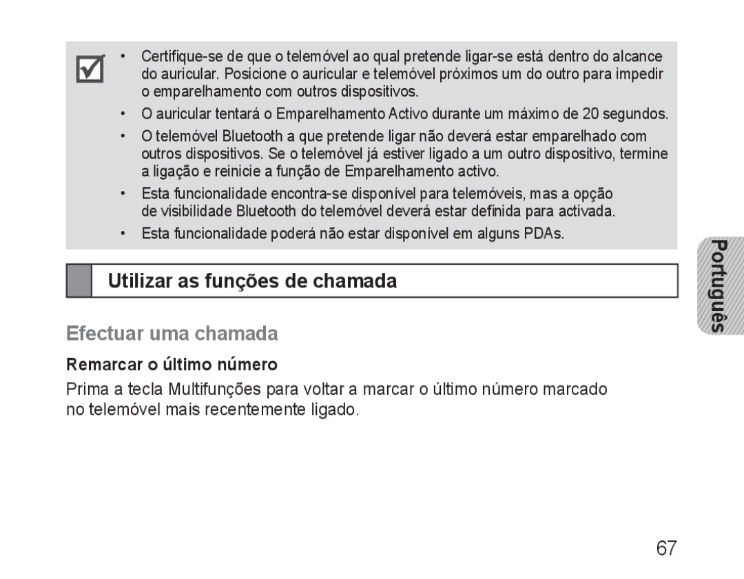 Samsung BHM3100EBECHAT, BHM3100EBECXEF manual Utilizar as funções de chamada, Efectuar uma chamada, Remarcar o último número 