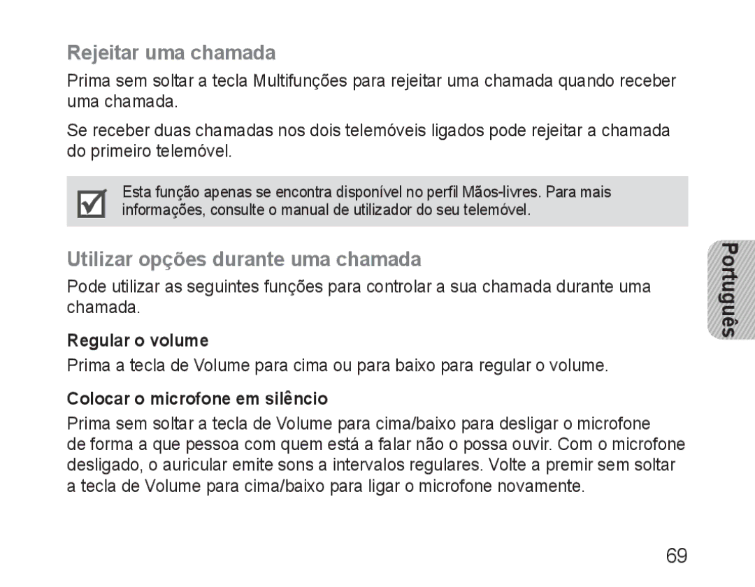 Samsung BHM3100EBECXET, BHM3100EBECXEF manual Rejeitar uma chamada, Utilizar opções durante uma chamada, Regular o volume 