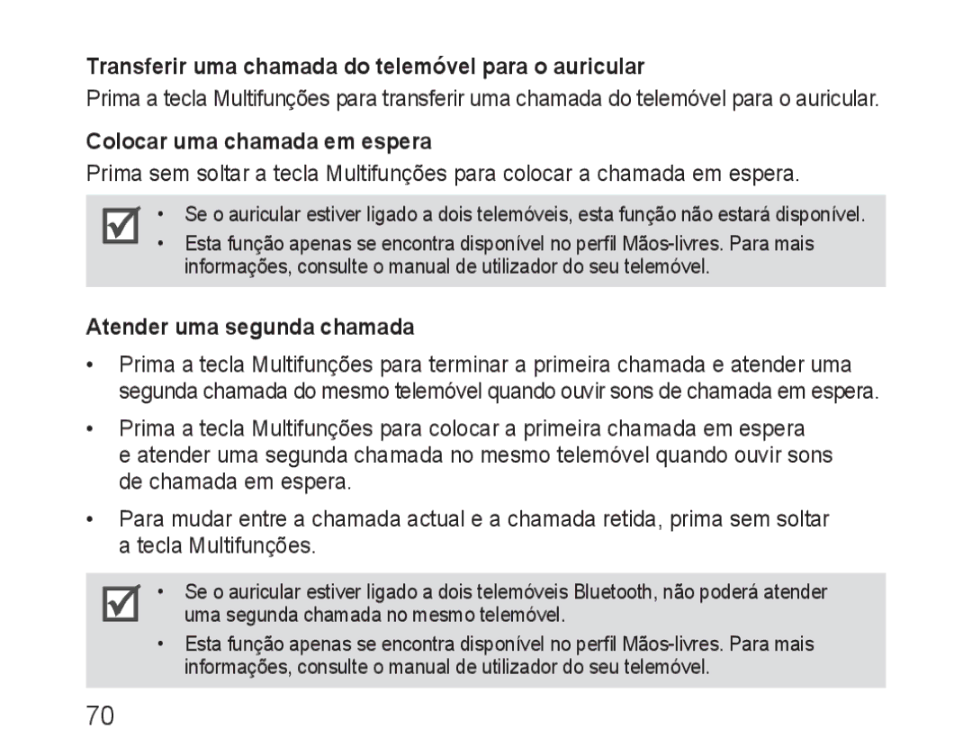 Samsung BHM3100EBECXEV, BHM3100EBECXEF Transferir uma chamada do telemóvel para o auricular, Colocar uma chamada em espera 