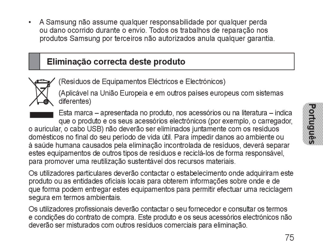 Samsung BHM3100EBECXEV, BHM3100EBECXEF, BHM3100EBECXET, BHM3100EBECXEH, BHM3100EBECHAT manual Eliminação correcta deste produto 