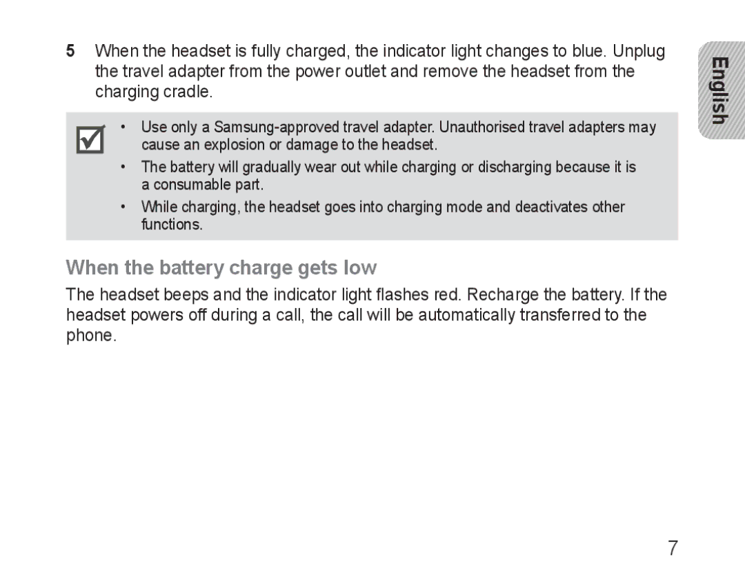 Samsung BHM3100EBECHAT, BHM3100EBECXEF, BHM3100EBECXET, BHM3100EBECXEV, BHM3100EBECXEH manual When the battery charge gets low 