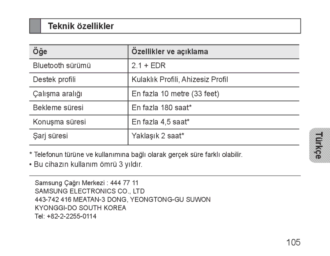 Samsung BHM3100EBECXEV, BHM3100EBECXEF, BHM3100EBECXET, BHM3100EBECXEH manual Teknik özellikler, Öğe Özellikler ve açıklama 