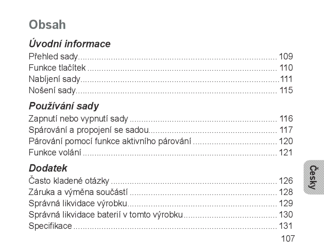 Samsung BHM3100EBECHAT, BHM3100EBECXEF, BHM3100EBECXET, BHM3100EBECXEV, BHM3100EBECXEH manual Obsah, Česky 