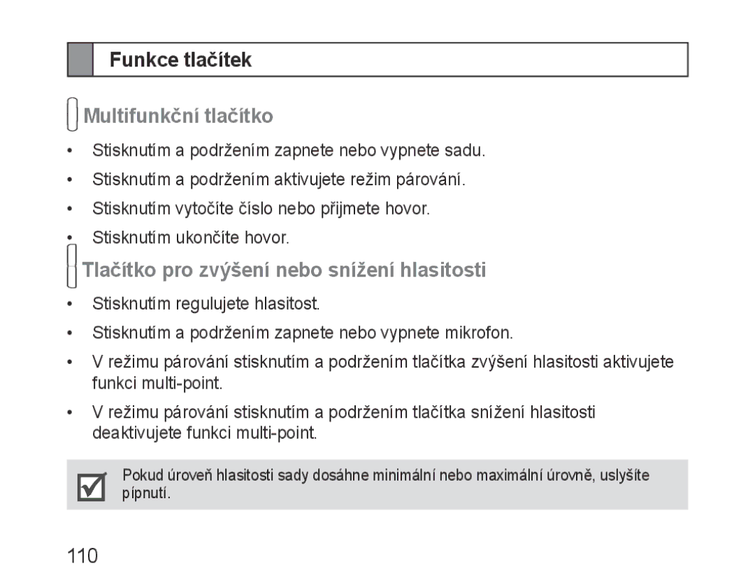 Samsung BHM3100EBECXEV manual Funkce tlačítek, Multifunkční tlačítko, Tlačítko pro zvýšení nebo snížení hlasitosti 