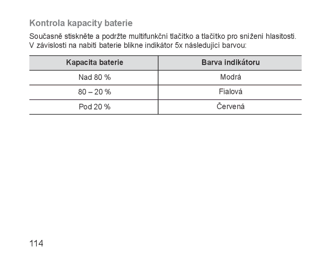 Samsung BHM3100EBECXET, BHM3100EBECXEF, BHM3100EBECXEV manual Kontrola kapacity baterie, Kapacita baterie Barva indikátoru 