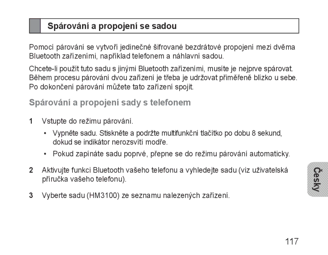 Samsung BHM3100EBECHAT, BHM3100EBECXEF manual Spárování a propojení se sadou, Spárování a propojení sady s telefonem 