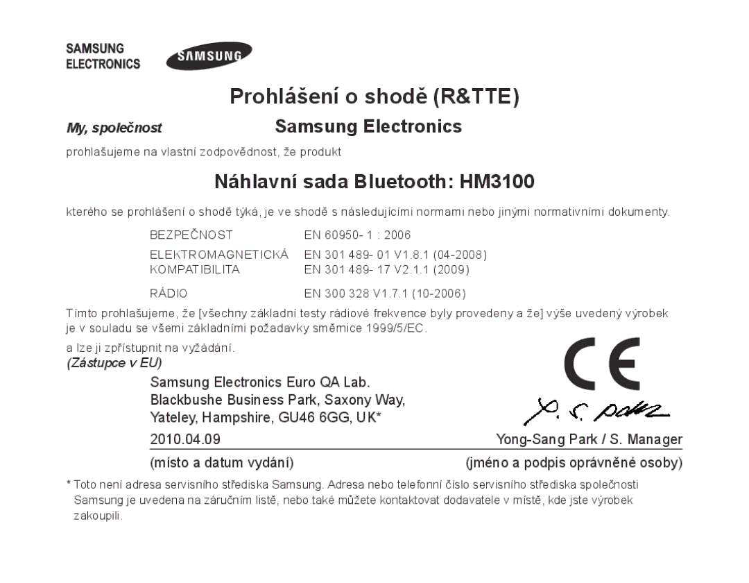 Samsung BHM3100EBECHAT, BHM3100EBECXEF, BHM3100EBECXET manual Prohlášení o shodě R&TTE, Náhlavní sada Bluetooth HM3100 