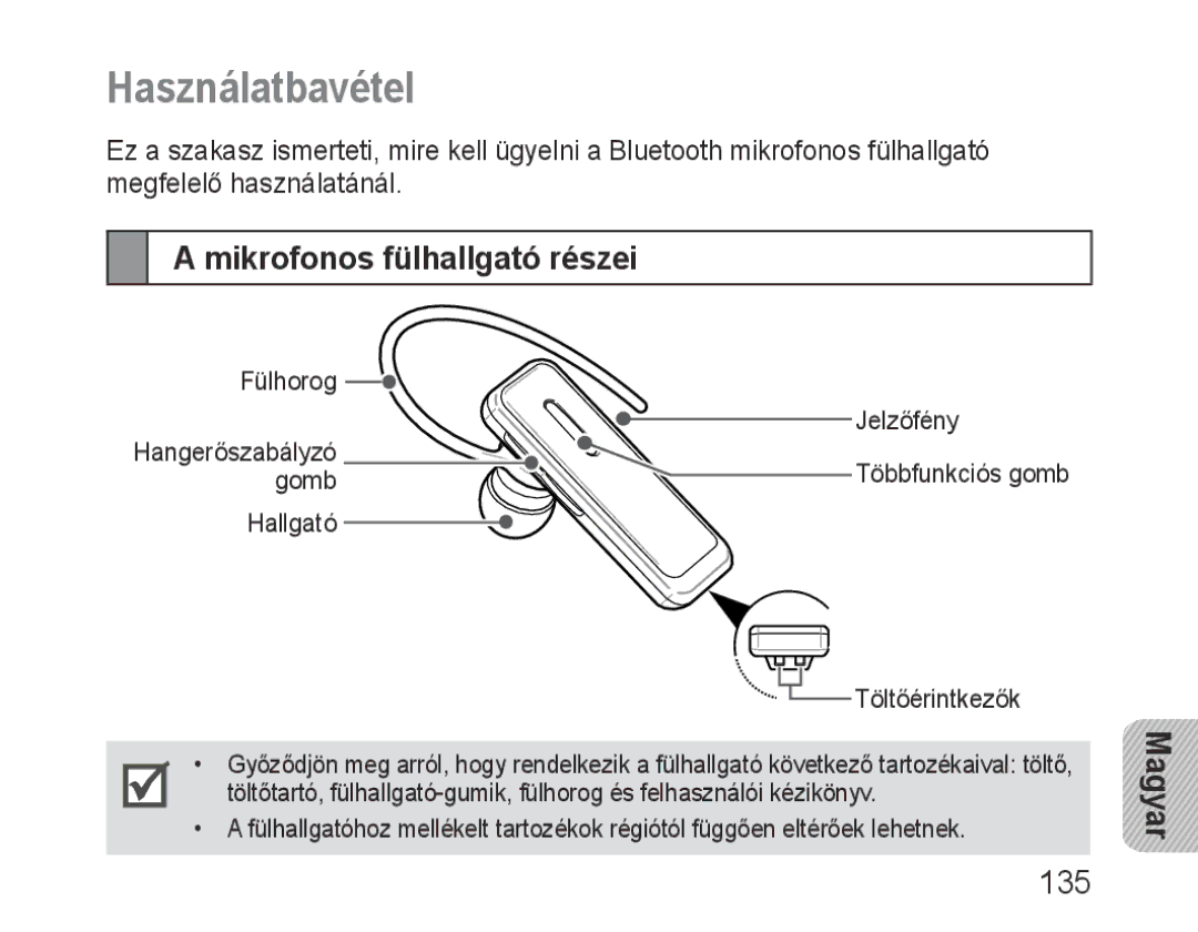 Samsung BHM3100EBECXEV, BHM3100EBECXEF, BHM3100EBECXET, BHM3100EBECXEH manual Használatbavétel, Mikrofonos fülhallgató részei 