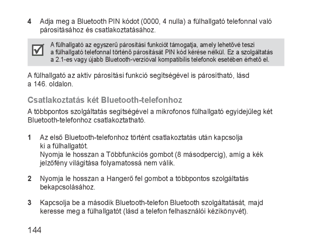 Samsung BHM3100EBECXET, BHM3100EBECXEF, BHM3100EBECXEV, BHM3100EBECXEH manual Csatlakoztatás két Bluetooth-telefonhoz, 144 