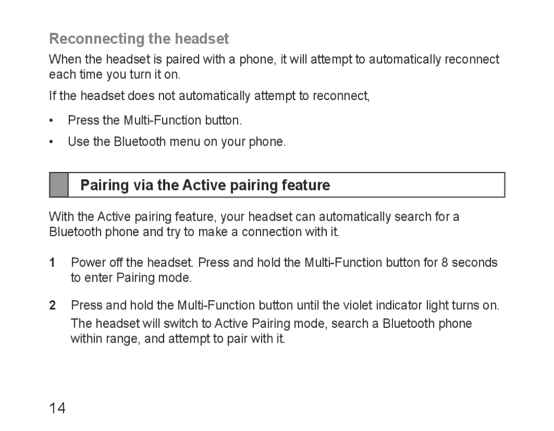 Samsung BHM3100EBECXET, BHM3100EBECXEF, BHM3100EBECXEV Reconnecting the headset, Pairing via the Active pairing feature 