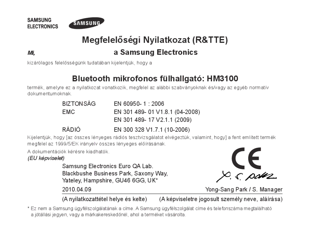 Samsung BHM3100EBECXEF, BHM3100EBECXET, BHM3100EBECXEV Bluetooth mikrofonos fülhallgató HM3100, Mi,a Samsung Electronics 