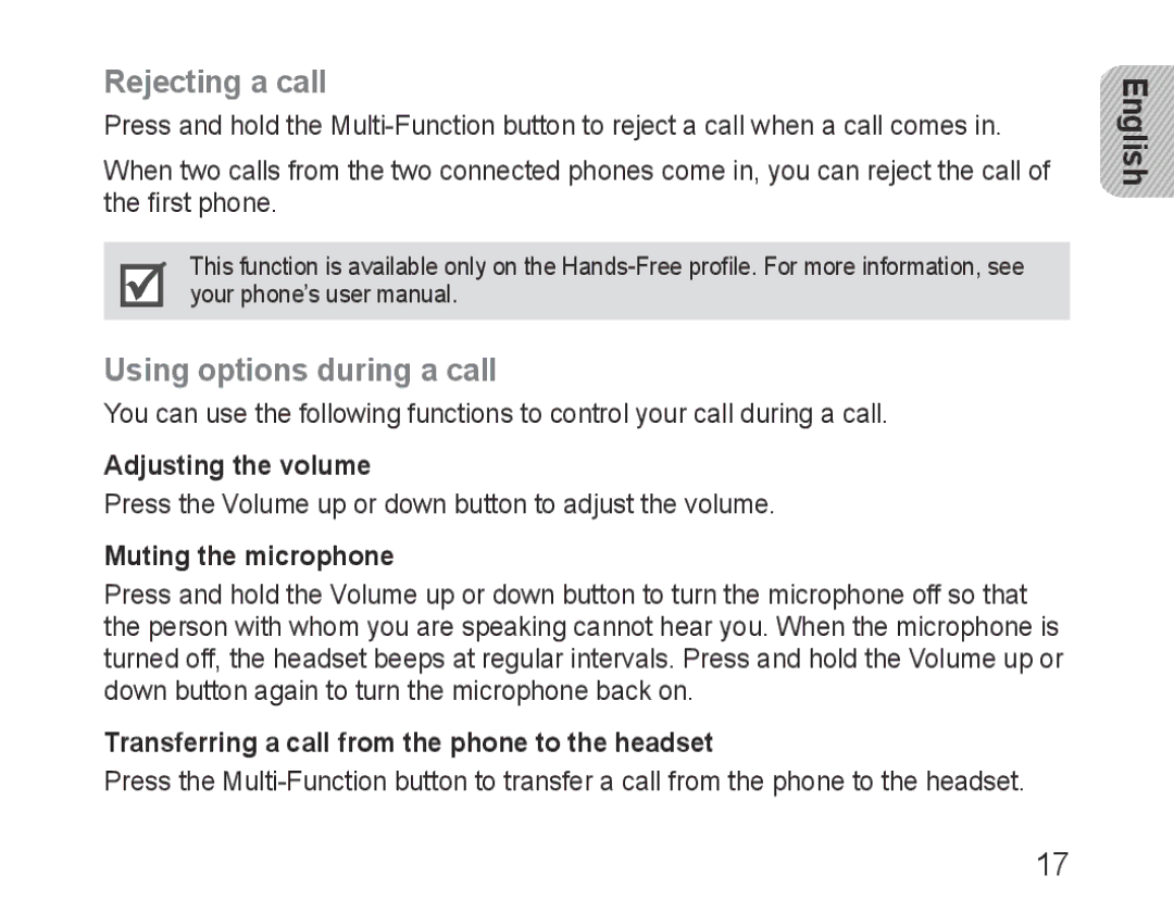 Samsung BHM3100EBECHAT manual Rejecting a call, Using options during a call, Adjusting the volume, Muting the microphone 