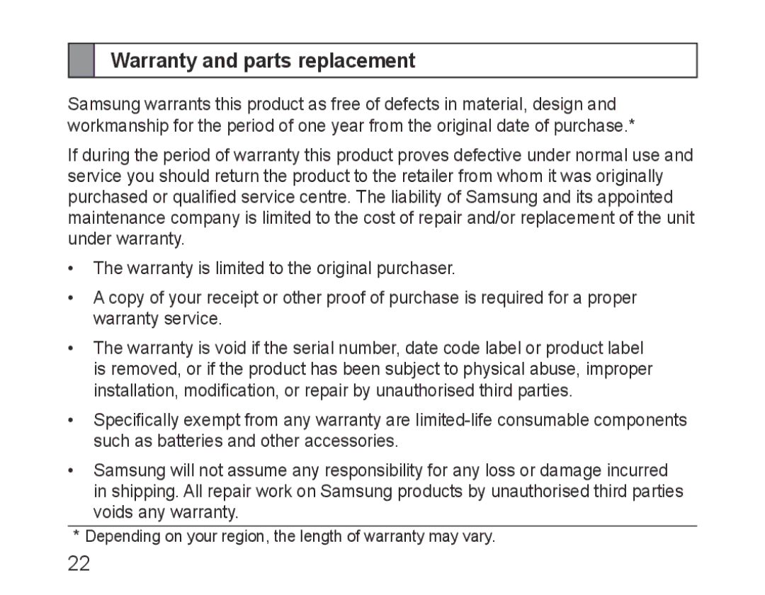 Samsung BHM3100EBECHAT, BHM3100EBECXEF, BHM3100EBECXET, BHM3100EBECXEV, BHM3100EBECXEH manual Warranty and parts replacement 