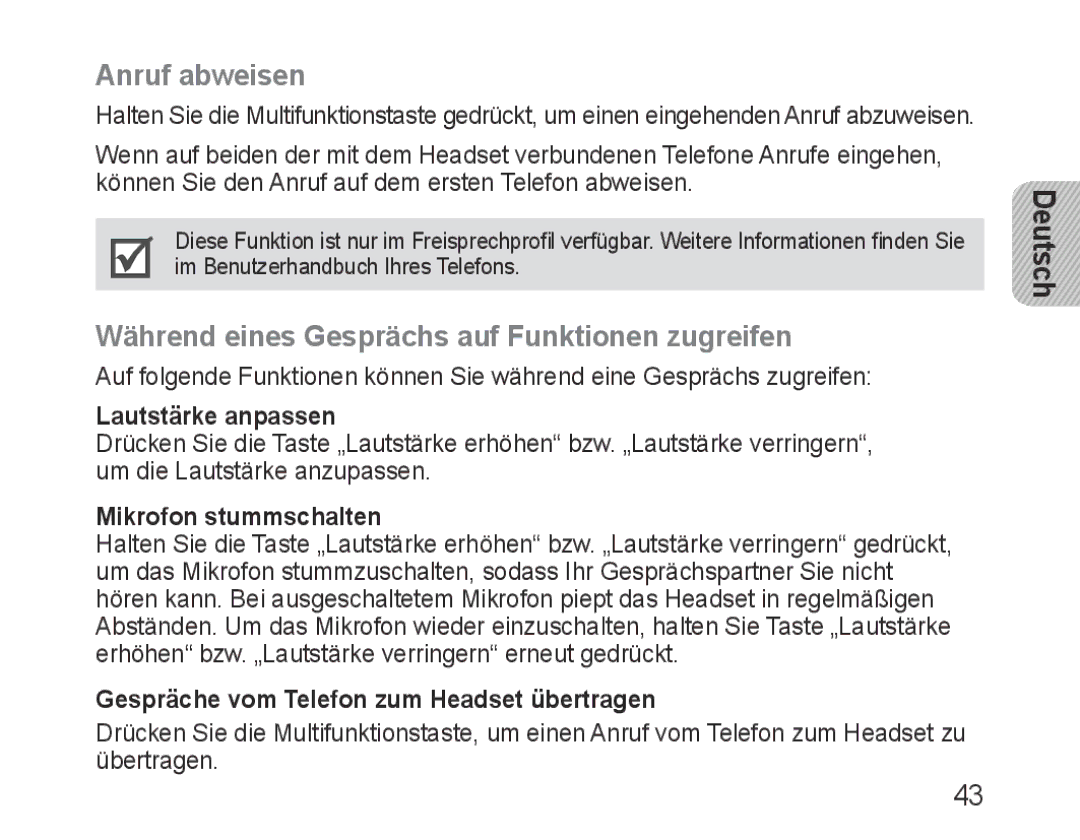 Samsung BHM3100EBECXEF manual Anruf abweisen, Während eines Gesprächs auf Funktionen zugreifen, Lautstärke anpassen 