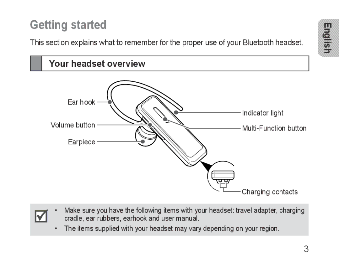 Samsung BHM3100EBECXEF, BHM3100EBECXET, BHM3100EBECXEV, BHM3100EBECXEH manual Getting started, Your headset overview English 