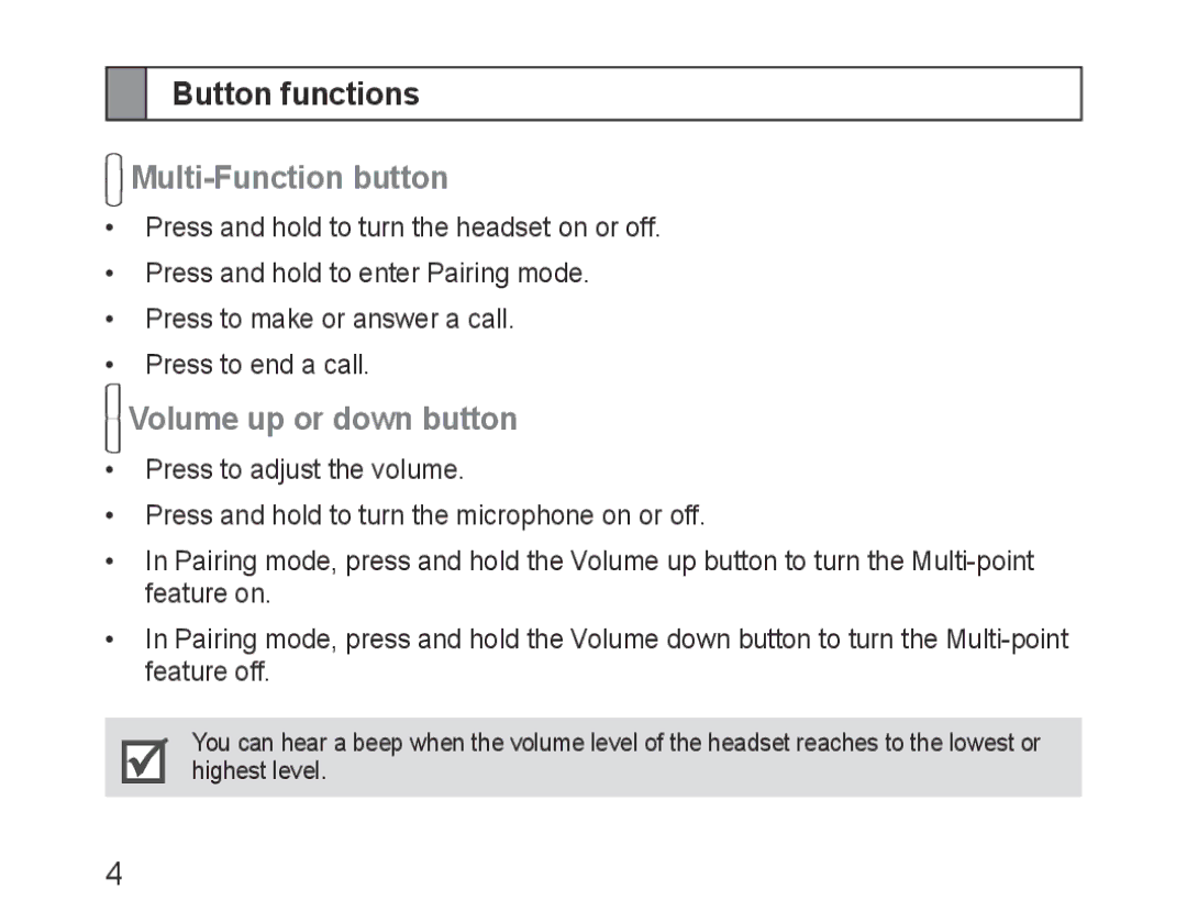 Samsung BHM3100EBECXET, BHM3100EBECXEF, BHM3100EBECXEV Button functions, Multi-Function button, Volume up or down button 