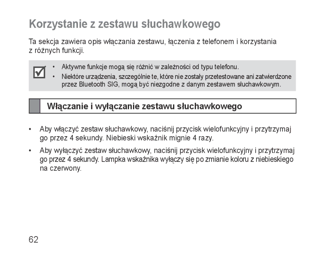 Samsung BHM3100EBECHAT, BHM3100EBECXEF Korzystanie z zestawu słuchawkowego, Włączanie i wyłączanie zestawu słuchawkowego 