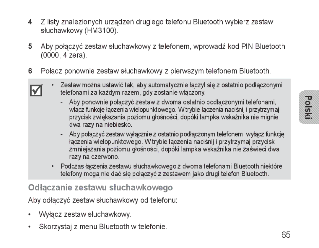 Samsung BHM3100EBECXEV, BHM3100EBECXEF, BHM3100EBECXET, BHM3100EBECXEH, BHM3100EBECHAT manual Odłączanie zestawu słuchawkowego 