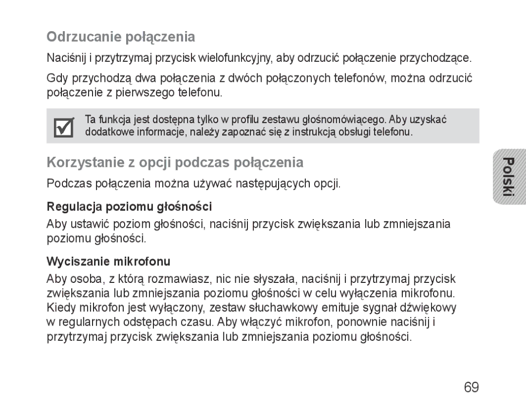 Samsung BHM3100EBECXET manual Odrzucanie połączenia, Korzystanie z opcji podczas połączenia, Regulacja poziomu głośności 