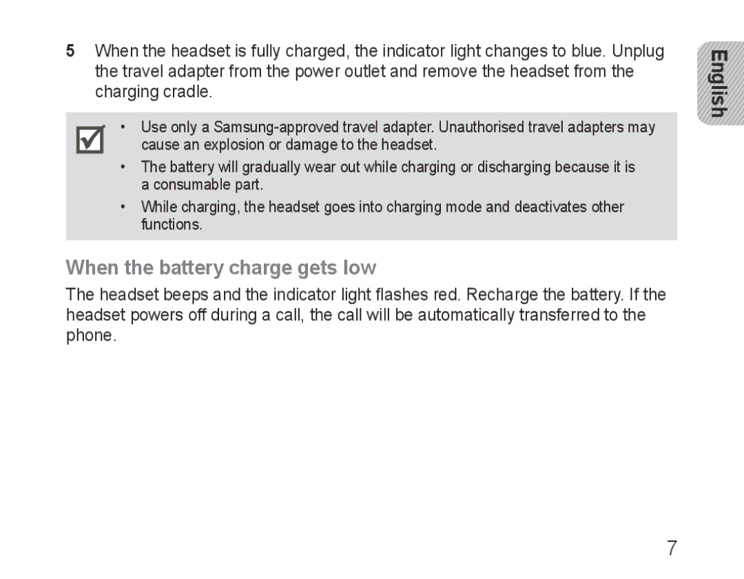 Samsung BHM3100EBECHAT, BHM3100EBECXEF, BHM3100EBECXET, BHM3100EBECXEV, BHM3100EBECXEH manual When the battery charge gets low 