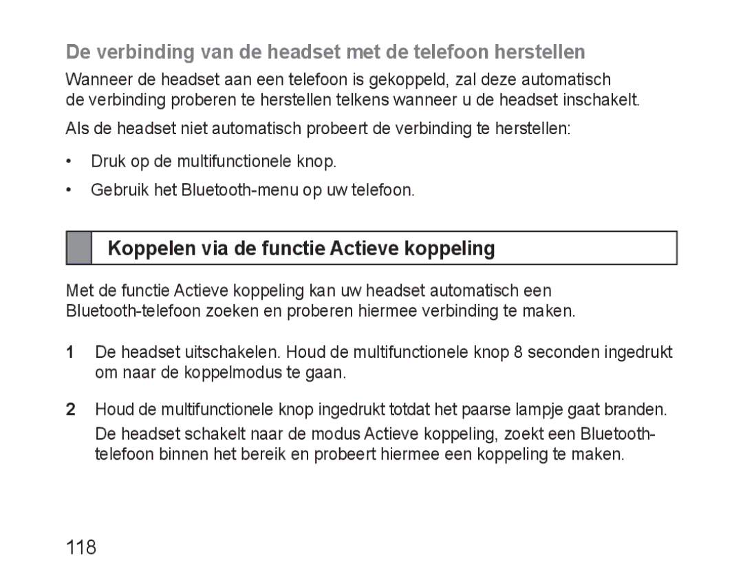 Samsung BHM3100EBECXEF De verbinding van de headset met de telefoon herstellen, Koppelen via de functie Actieve koppeling 