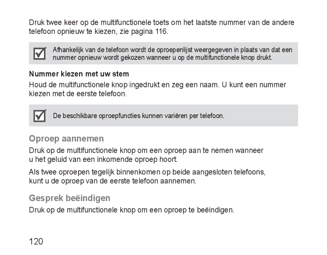 Samsung BHM3100EBECXEV, BHM3100EBECXEF, BHM3100EBECXET manual Oproep aannemen, Gesprek beëindigen, Nummer kiezen met uw stem 