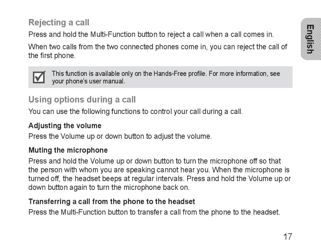 Samsung BHM3100EBECHAT manual Rejecting a call, Using options during a call, Adjusting the volume, Muting the microphone 