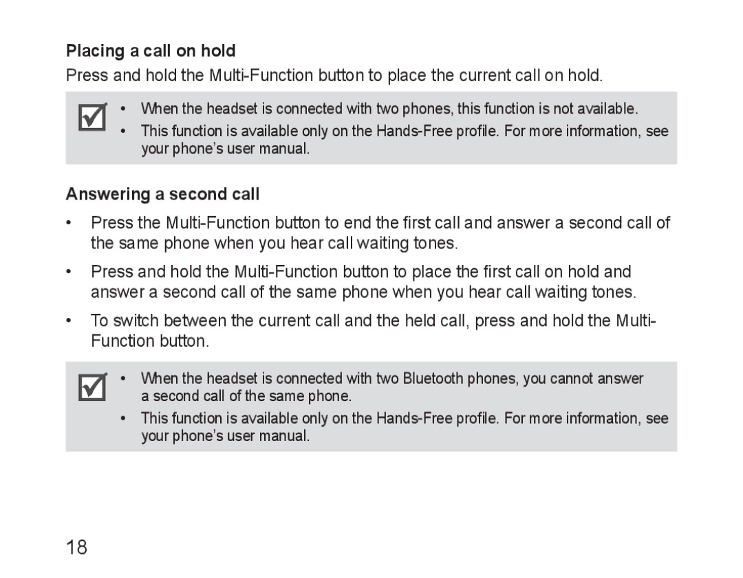 Samsung BHM3100EBECXEF, BHM3100EBECXET, BHM3100EBECXEV, BHM3100EBECXEH manual Placing a call on hold, Answering a second call 