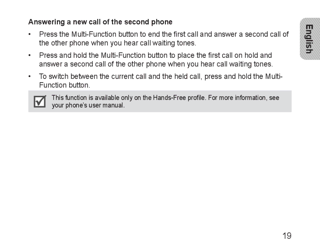 Samsung BHM3100EBECXET, BHM3100EBECXEF, BHM3100EBECXEV, BHM3100EBECXEH manual Answering a new call of the second phone 