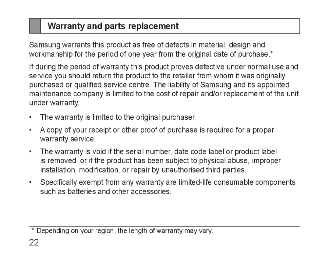 Samsung BHM3100EBECHAT, BHM3100EBECXEF, BHM3100EBECXET, BHM3100EBECXEV, BHM3100EBECXEH manual Warranty and parts replacement 