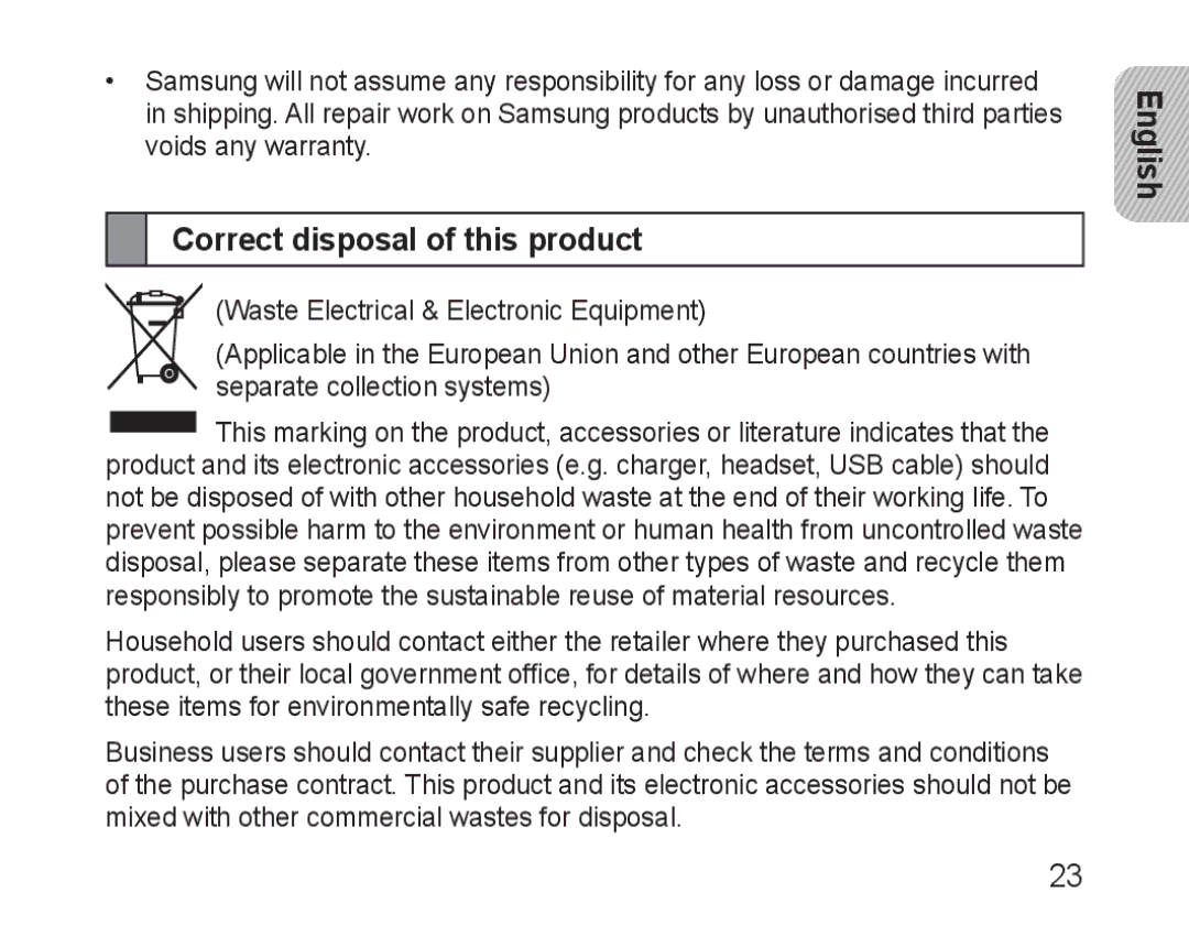 Samsung BHM3100EBECXEF, BHM3100EBECXET, BHM3100EBECXEV, BHM3100EBECXEH, BHM3100EBECHAT manual Correct disposal of this product 