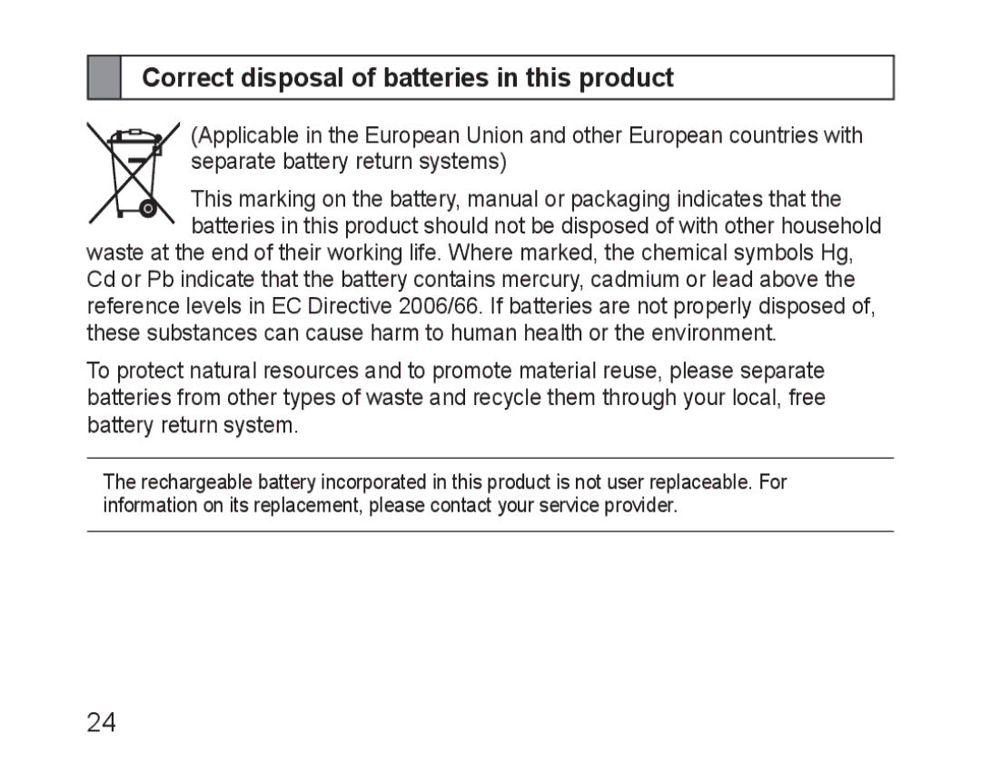 Samsung BHM3100EBECXET, BHM3100EBECXEF, BHM3100EBECXEV, BHM3100EBECXEH manual Correct disposal of batteries in this product 