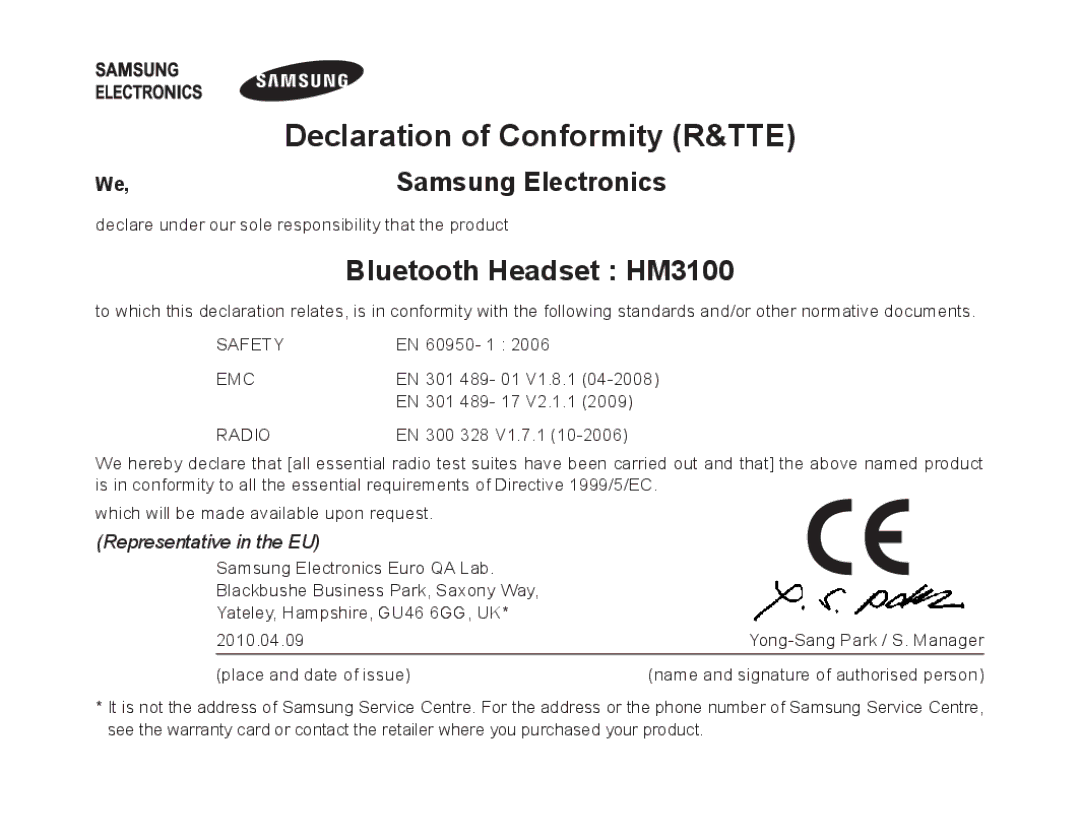 Samsung BHM3100EBECXEH, BHM3100EBECXEF manual Declaration of Conformity R&TTE, Bluetooth Headset HM3100, Samsung Electronics 