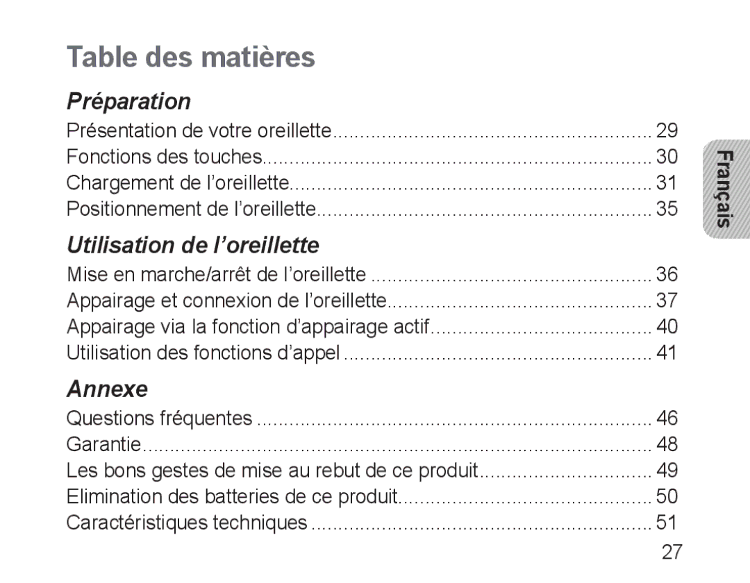 Samsung BHM3100EBECHAT, BHM3100EBECXEF, BHM3100EBECXET, BHM3100EBECXEV, BHM3100EBECXEH manual Table des matières, Français 