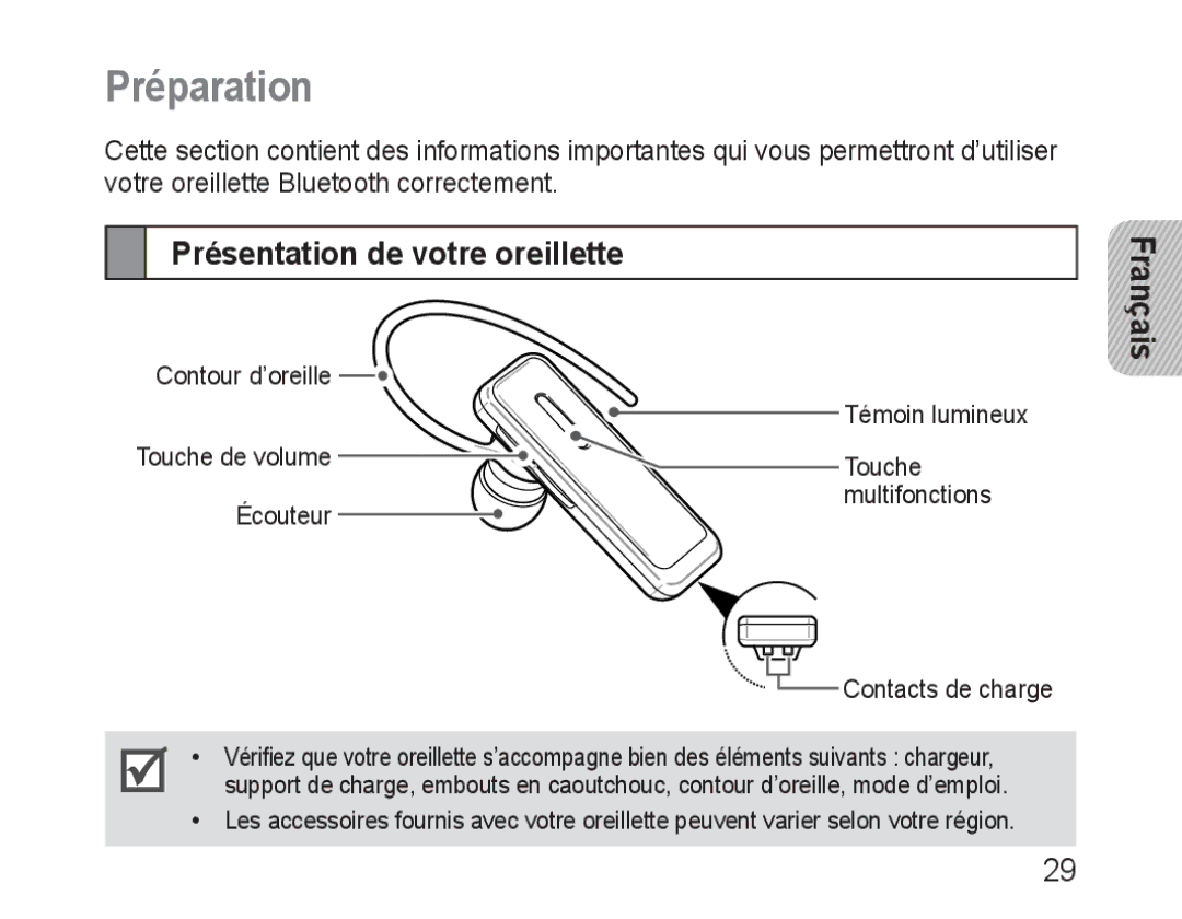 Samsung BHM3100EBECXET, BHM3100EBECXEF, BHM3100EBECXEV, BHM3100EBECXEH manual Préparation, Présentation de votre oreillette 