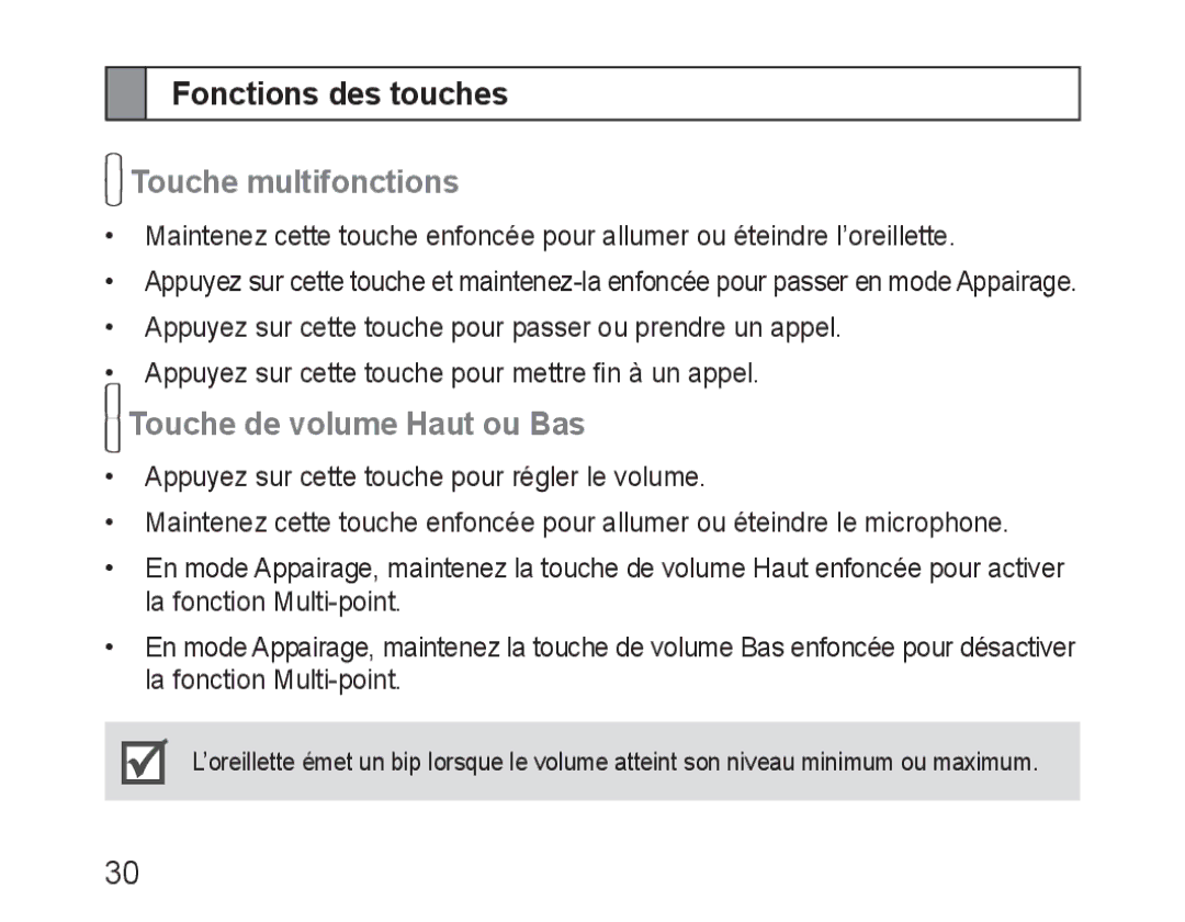 Samsung BHM3100EBECXEV, BHM3100EBECXEF manual Fonctions des touches, Touche multifonctions, Touche de volume Haut ou Bas 