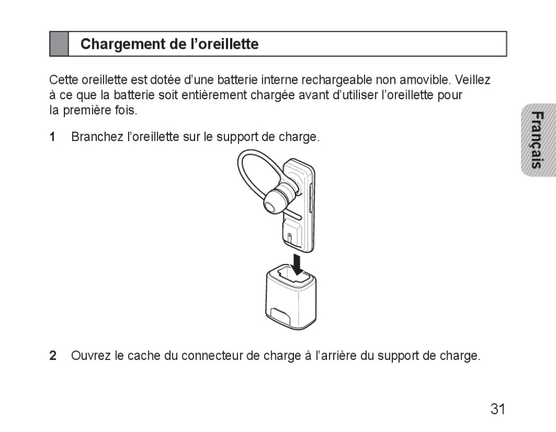 Samsung BHM3100EBECXEH, BHM3100EBECXEF, BHM3100EBECXET, BHM3100EBECXEV, BHM3100EBECHAT manual Chargement de l’oreillette 