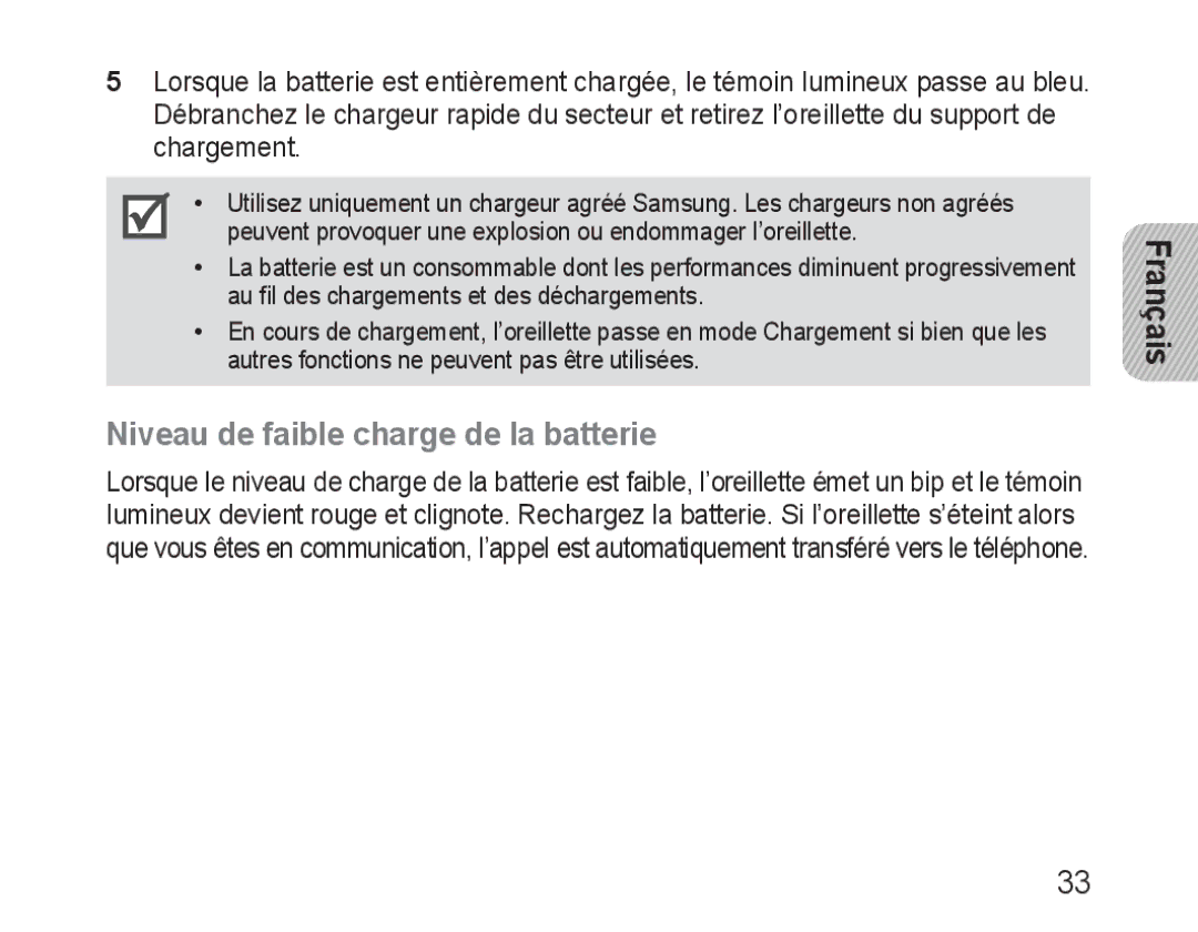 Samsung BHM3100EBECXEF, BHM3100EBECXET, BHM3100EBECXEV, BHM3100EBECXEH, BHM3100EBECHAT Niveau de faible charge de la batterie 